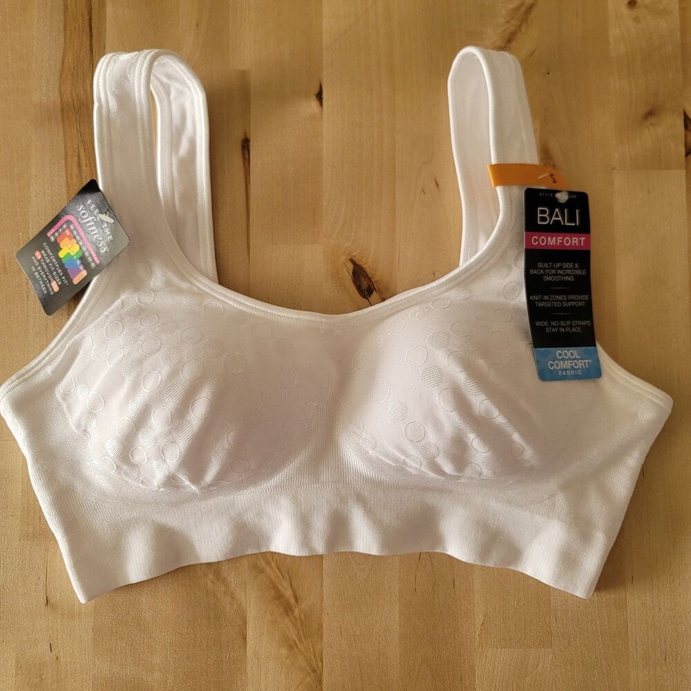 NWT BALI Comfort Bra Dot #3488 White Soft Wirefree Padded Stretch Smoothing
